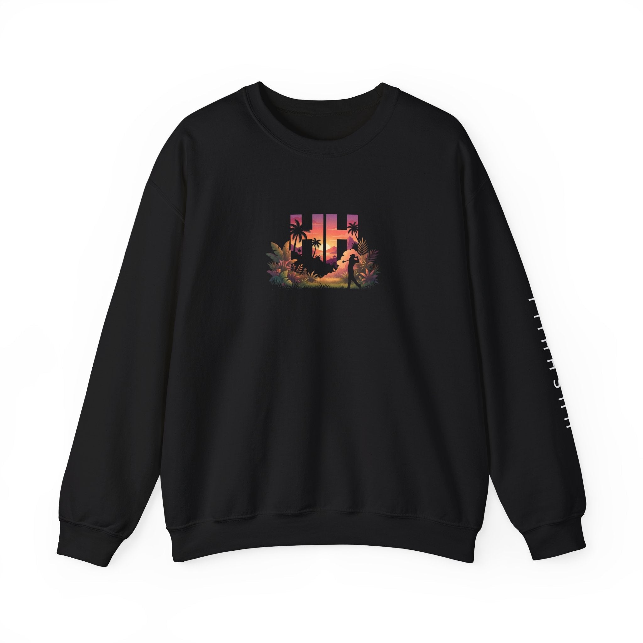 HUSHHILL Ember Palms black crewneck sweatshirt golf apparel