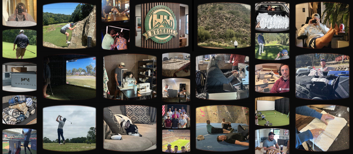 Collage of life at Hushhill: sewing headcovers at the workbench, the Hushhill sign, orders packed in the car, golf rounds, the team and the shop dog